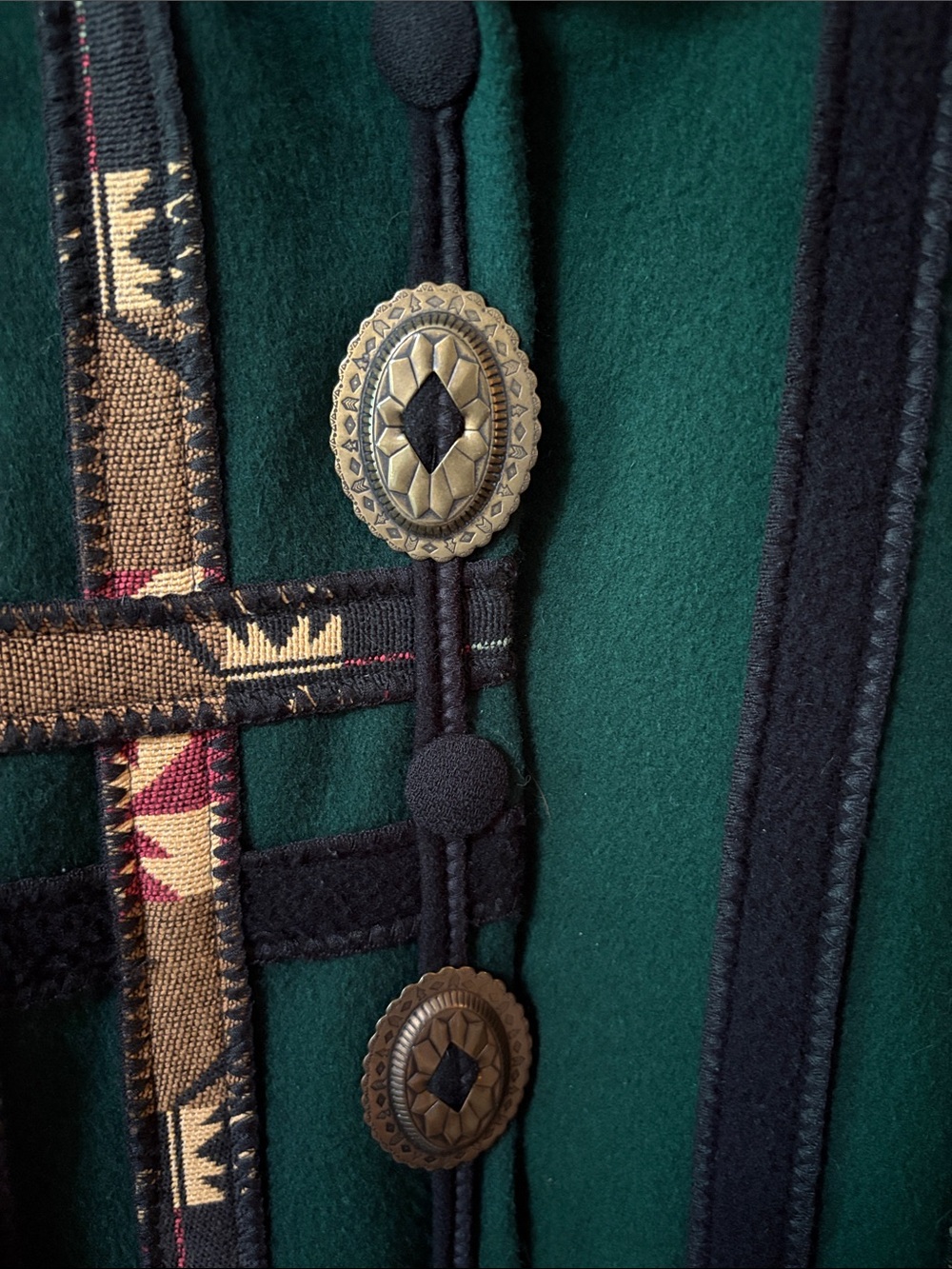 Coloratura Wool Green Patterned Jacket w Tribal Patch Pockets Small / Medium - Picture 2 of 6